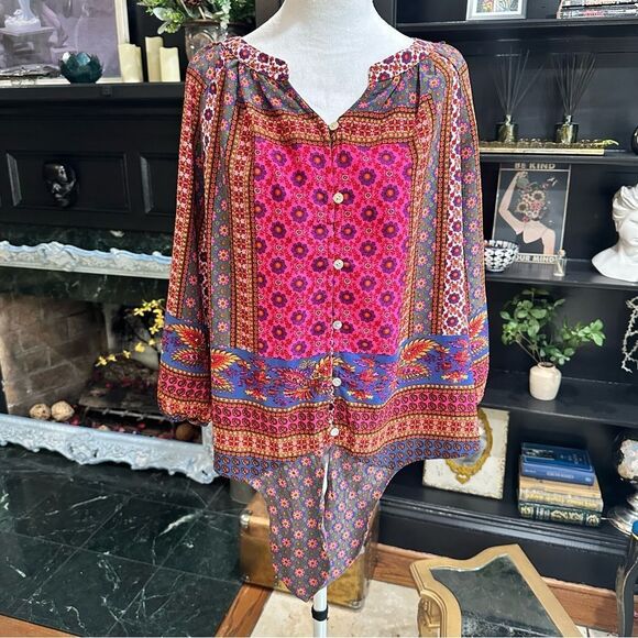 New Directions Boho Floral Front Tie Blouse Size Medium - Picture 12 of 13